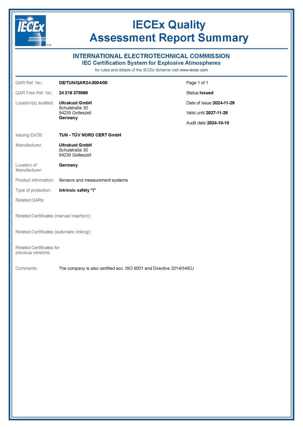 IECEx Quality Assessment Report Summary Ultrakust GmbH