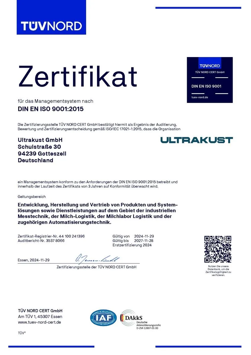 TÜV NORD Zertifikat DIN EN ISO 9001:2015 Ultrakust GmbH